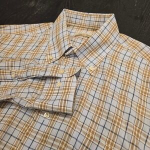 Peter Millar Mens Large Linen Plaid Button Down Shirt Tan Blue Long Sleeve L